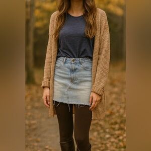 Trio-Celebrity Pink Denim Skirt - Size 30 + Ardene Tee - Size L + Brown Tights